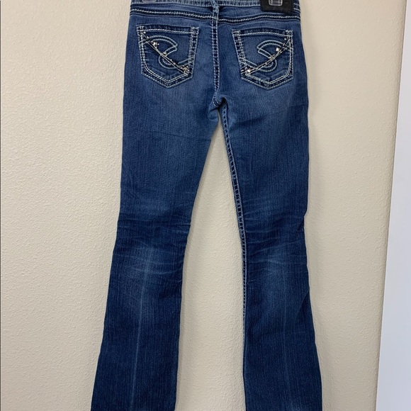 Dark Wash Silver bootcut Jeans w/ Jeweled Pockets - Picture 4 of 8
